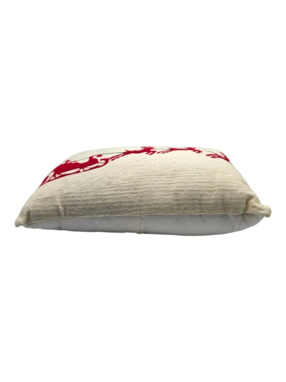 Santa Sleigh Reindeer Christmas Decorative Throw Pillow Ivory Red Cotton Wool